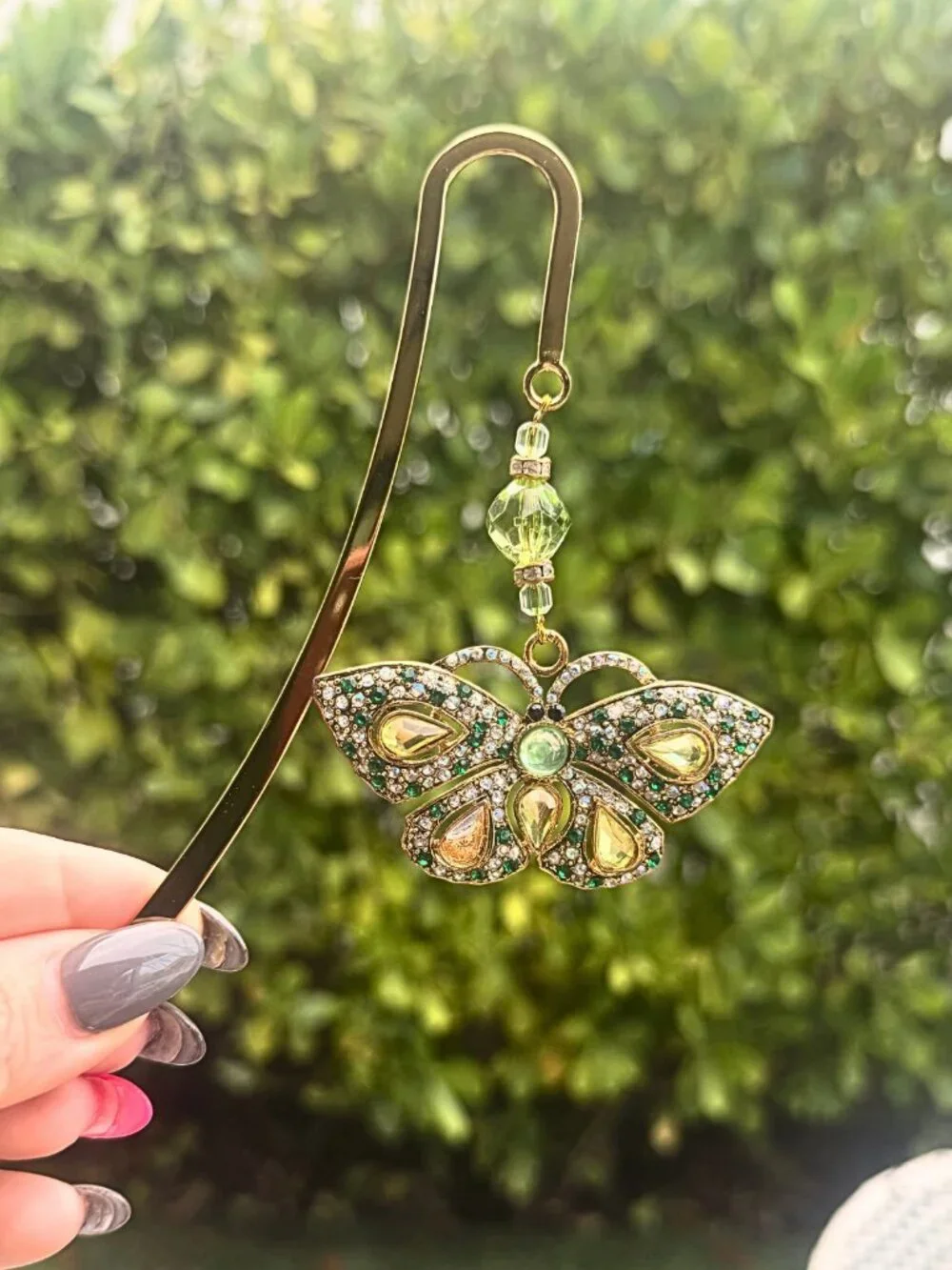 Vintage Bombay Bookmark Jeweled Butterfly Gold Green Amber Stones Jewels in Box